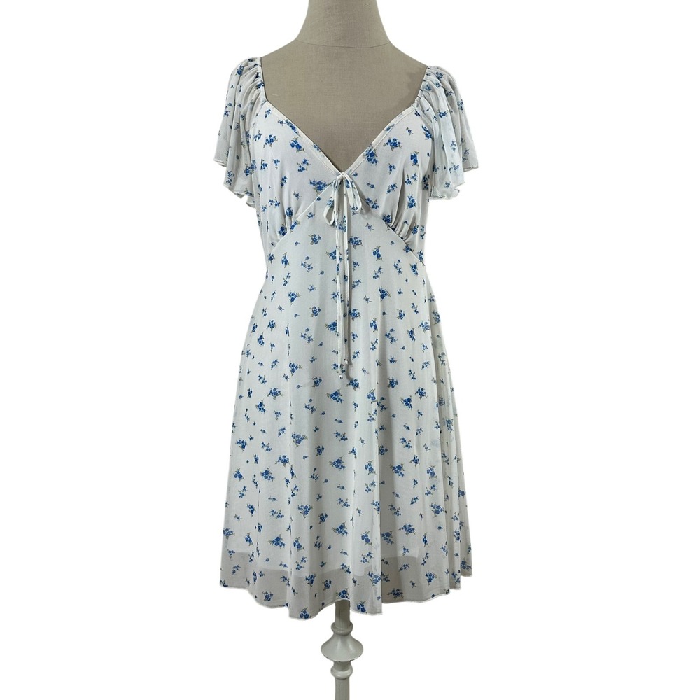 See You Monday‎ White Blue Floral Mesh Flutter Sleeve Tie Front Dress Size L